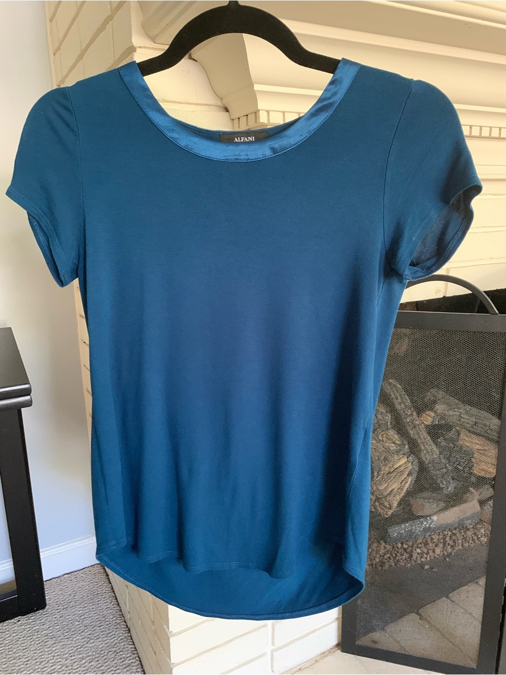 Alfani Short Sleeve Satin-Trim Tee in Teal Blue XSP